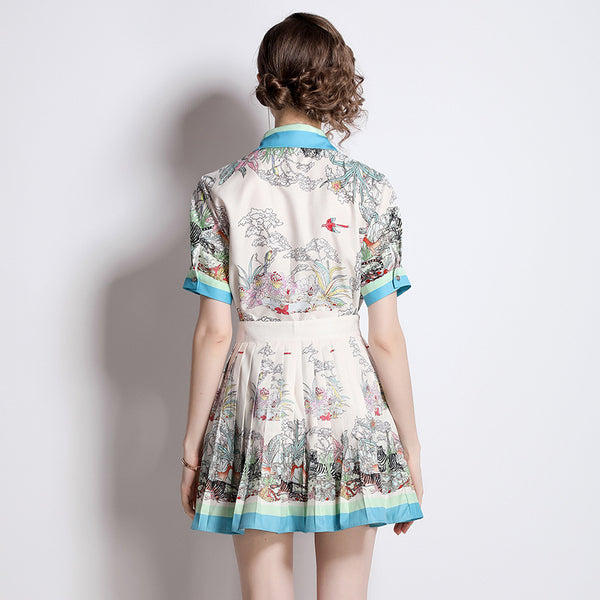 Conjunto de Blusa Estampada y Falda Plisada