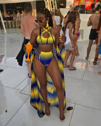 Women's blue and yellow geometric print bikini with high-waisted bottoms and a matching sheer kimono cover-up. - Image 17
