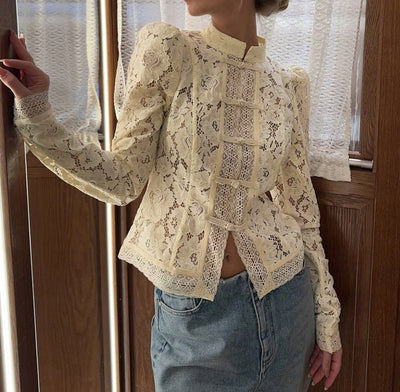 Blusa Jacquard Tejida con Cuello Mao y Mangas Abullonadas para Mujer - Blanco - Image 6