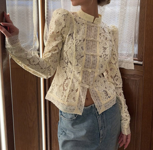 Blusa Jacquard Tejida con Cuello Mao y Mangas Abullonadas para Mujer - Blanco - Image 6