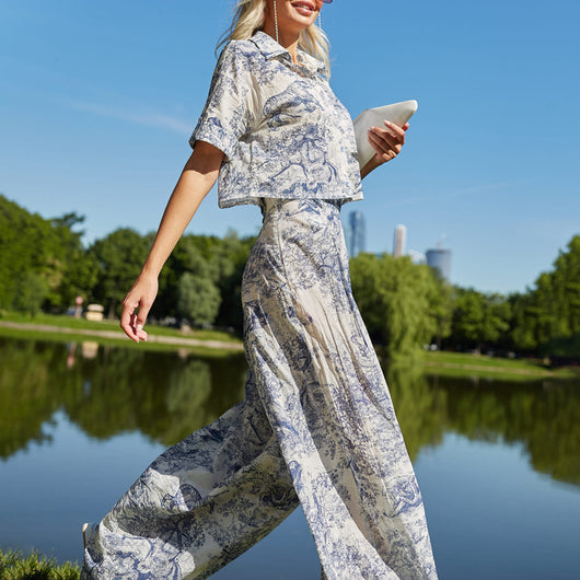 Conjunto de Dos Piezas: Camisa Estampada con Pintura China y Pantalón Ancho Cintura Alta - Image 13