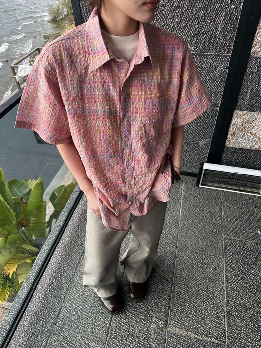 Camisa Cuadriculada Seersucker Suelta para Hombre - Manga Corta Verano - Image 19