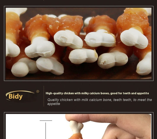 Pet Snacks chicken-wrapped milk bones in a white bag with a fluffy dog, alongside a bowl of treats. - Image 8