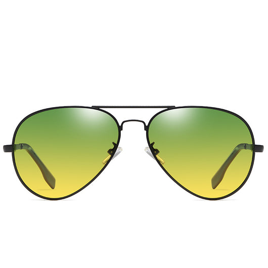 Men's aviator sunglasses with black frames and polarized color-changing lenses that shift from yellow to green. - Image 11
