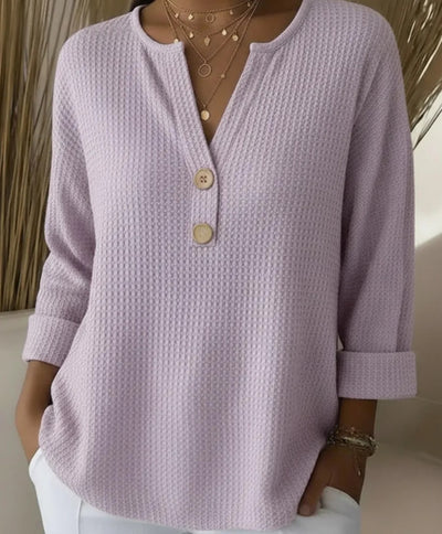 Blusa Suelta de Punto Waffle con Cuello V y Manga Larga - Image 9