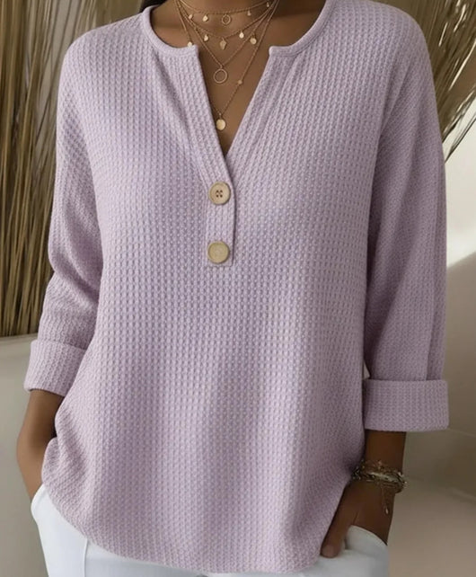 Blusa Suelta de Punto Waffle con Cuello V y Manga Larga - Image 9