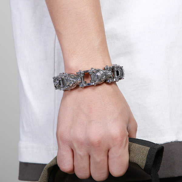 Pulsera de Acero Titanio para Hombre - Diseño Lobo Biker Rock Hip Hop