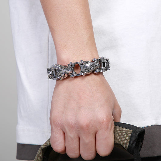 Pulsera de Acero Titanio para Hombre - Diseño Lobo Biker Rock Hip Hop