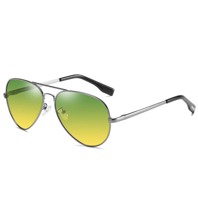 Men's aviator sunglasses with black frames and polarized color-changing lenses that shift from yellow to green. - Image 5