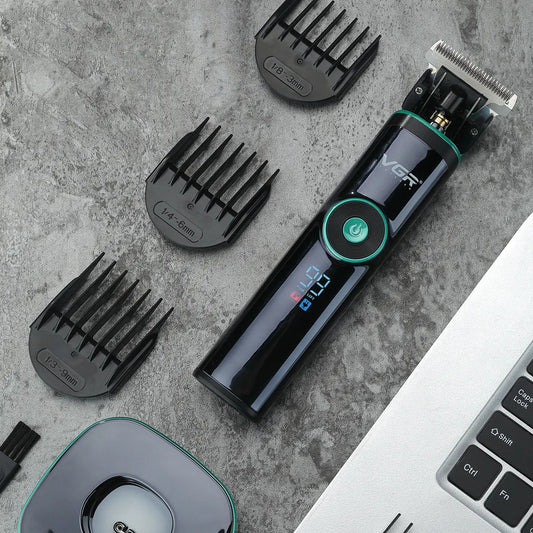 VGR V-671 professional hair clipper in dark green and black with charging base, digital display, and four guide combs.