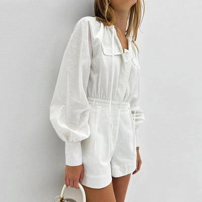 Jumpsuit Holgado de Algodón Slub Blanco para Mujer - Image 4