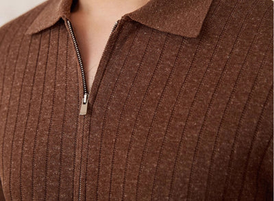 Camisa de Lino Mezcla con Cierre y Rayas Hundidas Manga Corta - Image 10