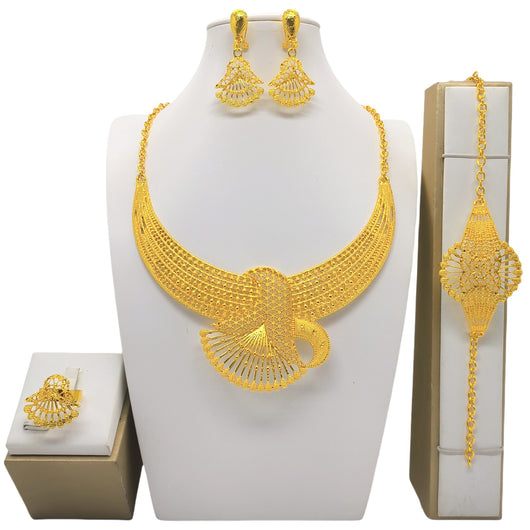 24K gold-colored four-piece jewelry set with peacock necklace, matching bracelet, earrings, and ring. - Image 6