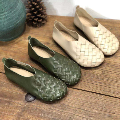 Zapatos Planos de Cuero Tejido con Punta Redonda - Estilo Retro Cómodo - Image 3