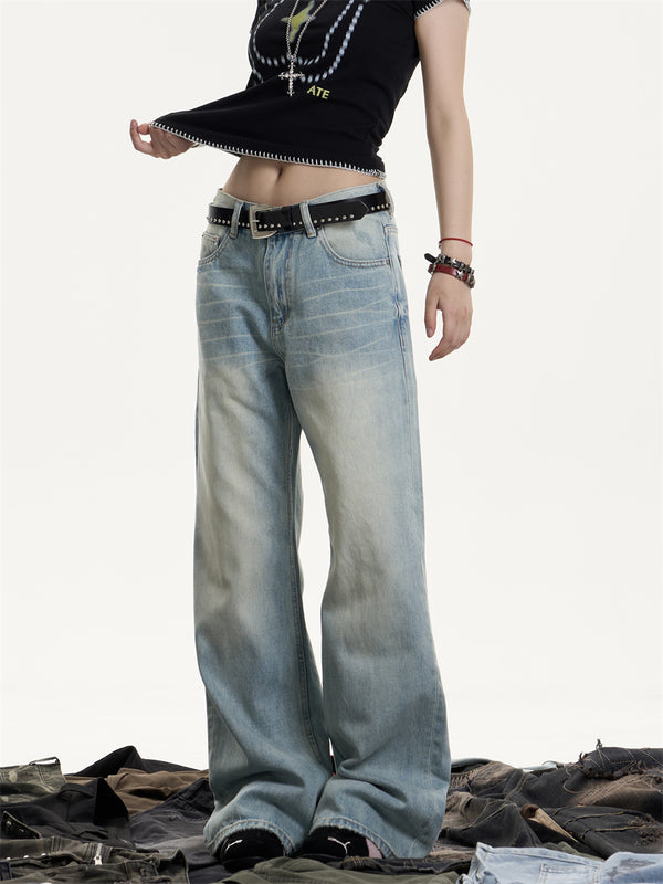 Jeans Vintage Desgastado Suelto con Efecto Whiskers para Mujer
