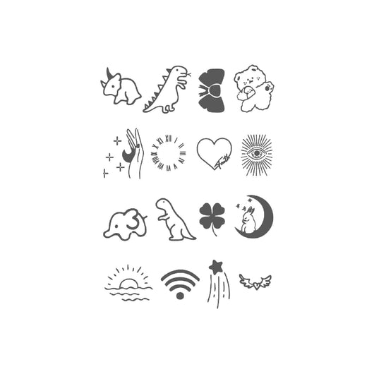 Sheet of 24 black outline doodle temporary tattoo stickers including a bow, heart, crown, sun, stars, and flowers. - Image 16