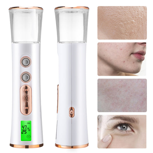 White and rose gold double-spraying nano mist sprayer with a clear reservoir, next to its product box and USB cable. - Image 2