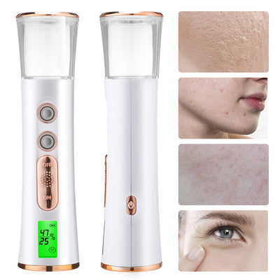 White and rose gold double-spraying nano mist sprayer with a clear reservoir, next to its product box and USB cable. - Image 2