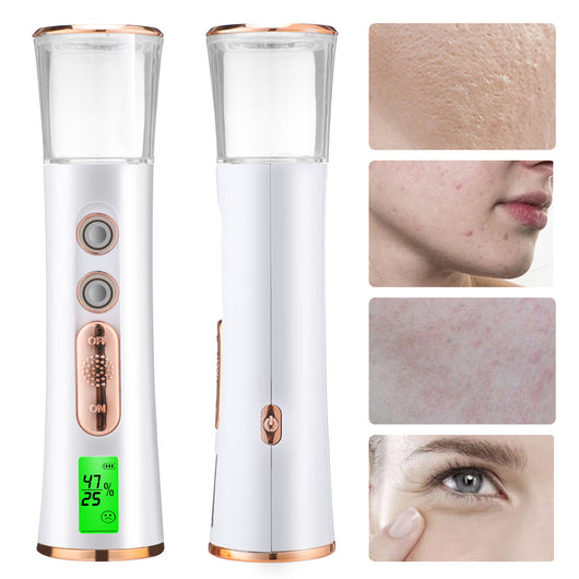 White and rose gold double-spraying nano mist sprayer with a clear reservoir, next to its product box and USB cable. - Image 2