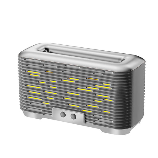 Rose gold and grey flame aroma diffuser and humidifier with horizontal slats and yellow LED lights. - Image 10