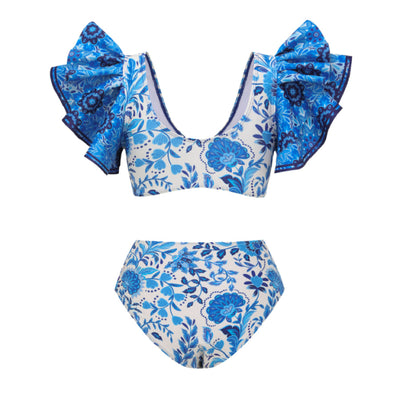 Women's blue and white floral two-piece swimsuit with ruffled cap sleeves and high-waisted bottom. - Image 10