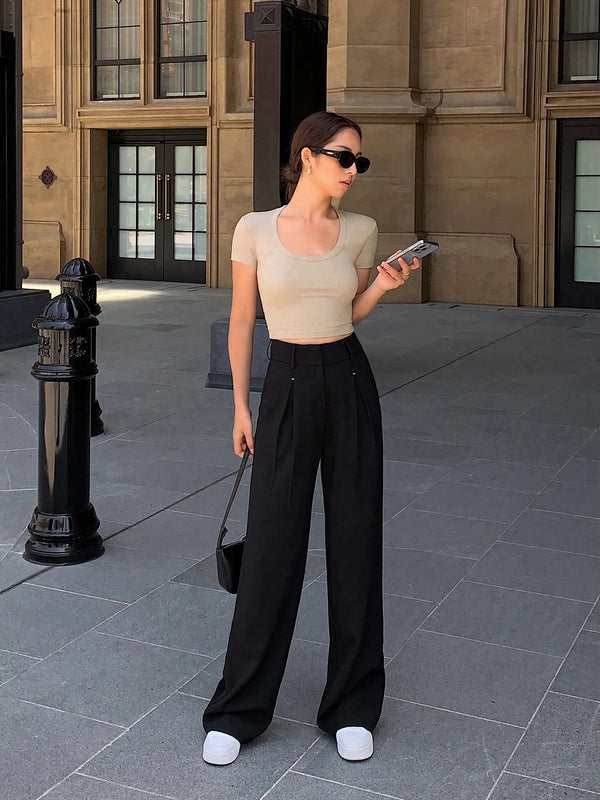 Pantalón de Pierna Ancha Cintura Alta Slim Fit