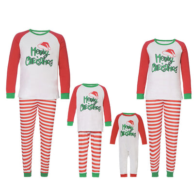 Matching family Christmas pajamas with red and white stripes, green trim, and "Merry Christmas" text with a Santa hat. - Image 7