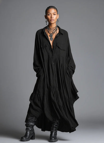 Vestido Camisero Retro Plisado Manga Larga Oversize - Image 9