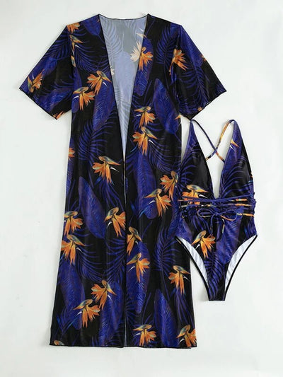Women's tropical print one-piece swimsuit with deep V-neck and high-cut leg, paired with a matching long-sleeve cover-up. - Image 25