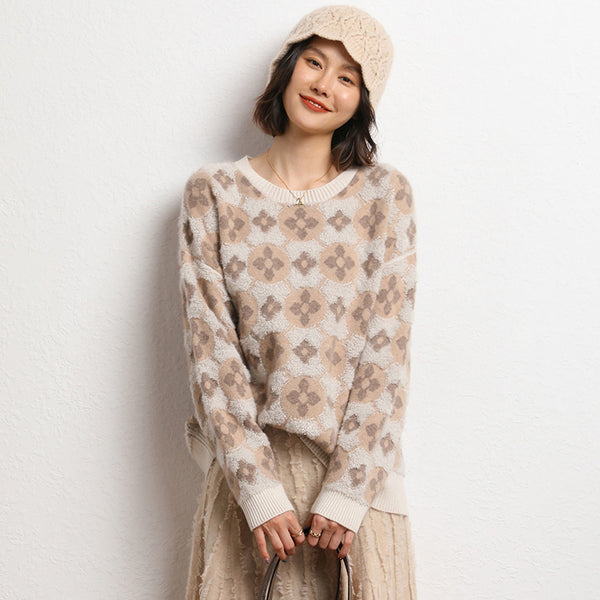 Suéter Crop Tejido Jacquard Doble Capa con Bordado en Lana para Mujer