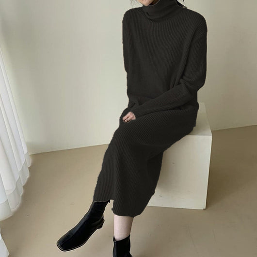 Vestido Suéter Largo Cuello Alto Holgado Hasta la Rodilla para Mujer - Image 2