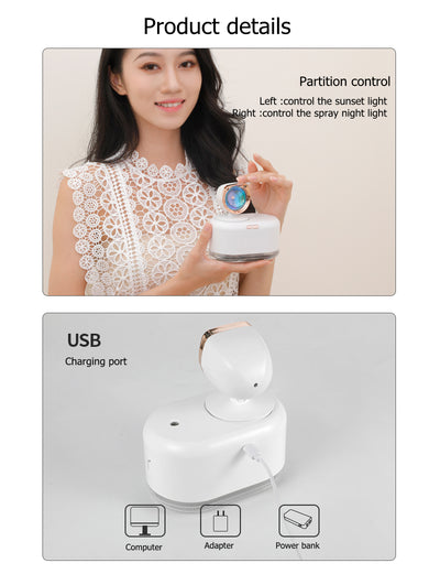 White 2-in-1 mini wireless sunset lamp and air humidifier with a rose gold accent and clear water tank. - Image 17
