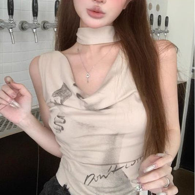 Top Halter sin Mangas con Estampado American Hot Girl