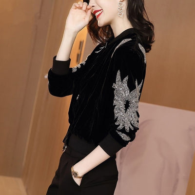 Chaqueta Beisbolera Terciopelo Negro y Dorado Estilo Extranjero - Image 2