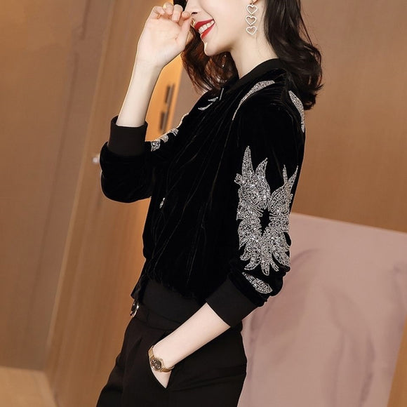 Chaqueta Beisbolera Terciopelo Negro y Dorado Estilo Extranjero