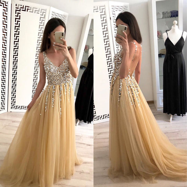 Vestido de Fiesta Largo con Lentejuelas y Escote en V Delantero y Trasero