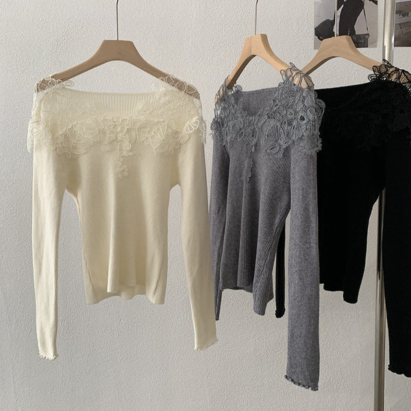 Suéter Tejido con Encaje Calado y Cuello en V para Mujer - Colección Otoño Invierno