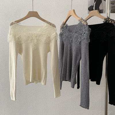 Suéter Tejido con Encaje Calado y Cuello en V para Mujer - Colección Otoño Invierno - Image 2