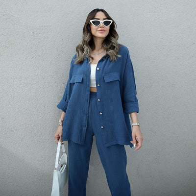 Conjunto de Blusa y Pantalón Holgado de Manga Larga Color Sólido para Mujer