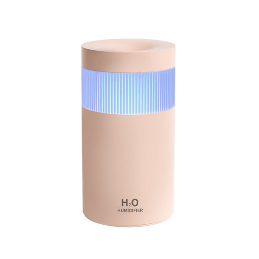Light pink mini desktop USB humidifier with a blue LED light band and "H₂O HUMIDIFIER" text on the front. - Image 8