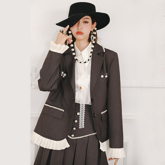 Chaqueta Gris de Encaje Manga Larga Suelta para Mujer