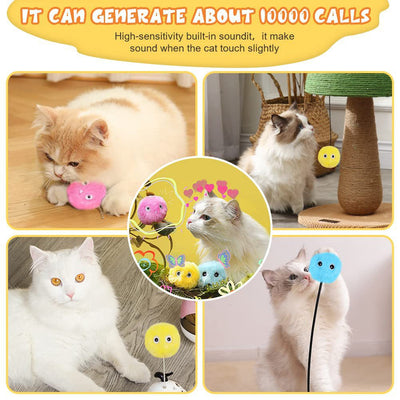 Three plush interactive cat toy balls in blue, yellow, and pink, each with cartoon eyes, shown with a size measurement. - Image 19
