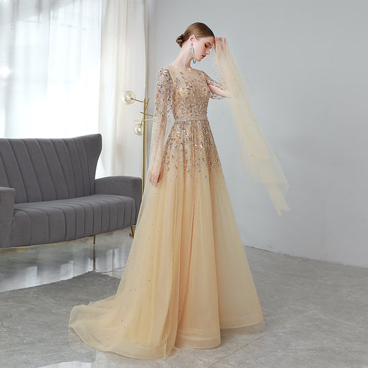 Vestido de Noche Largo Dorado Premium con Mangas Volantes - Image 10
