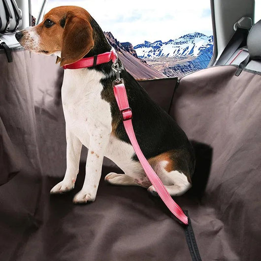 Pink adjustable dog car seat belt with a metal seatbelt buckle and a silver swivel snap hook. - Image 5