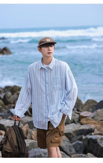 Camisa de Manga Larga Protección Solar Holgada a Rayas para Hombre - Image 9