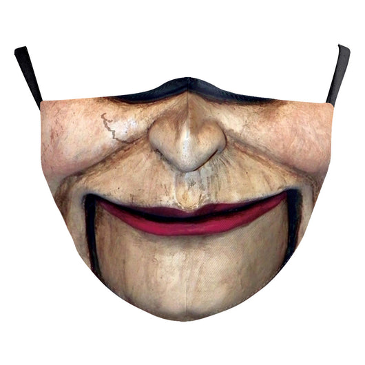 Green and yellow digital print Halloween dust mask with a grotesque, tree-like face design and black ear loops. - Image 7
