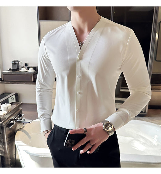Camisa de Cuello V Manga Larga con Textura Waffle para Hombre - Image 34
