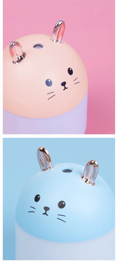 Cute sky blue and white mini USB rabbit humidifier with gold ears, ideal for home or office aromatherapy. - Image 15