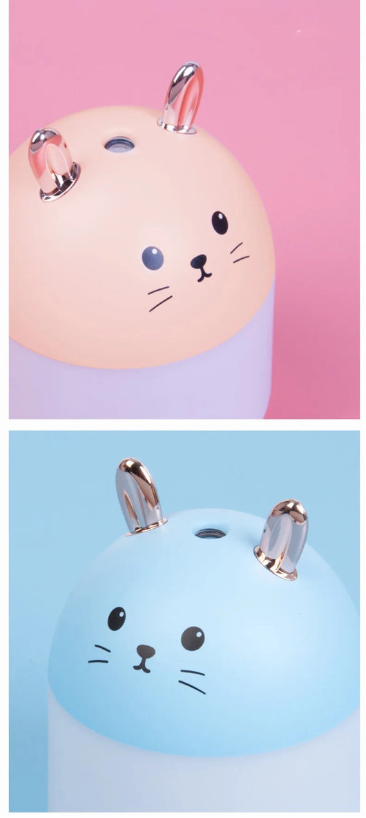 Cute sky blue and white mini USB rabbit humidifier with gold ears, ideal for home or office aromatherapy. - Image 15