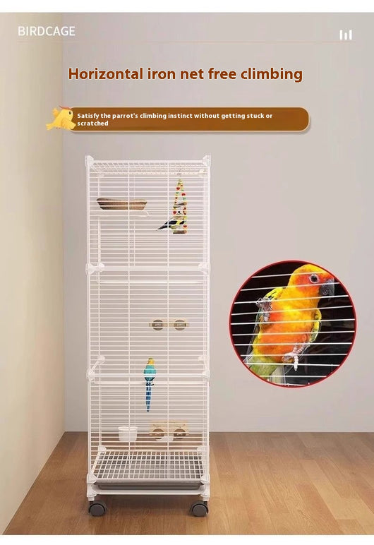 White single-layer bird cage with transparent sides, wire door, perches, bells, and a tunnel, on wheels. - Image 9
